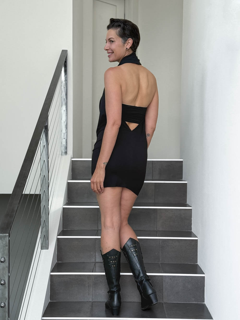 caraucci convertible black draped shrug that converts into a cowl neck backless dress #color_black