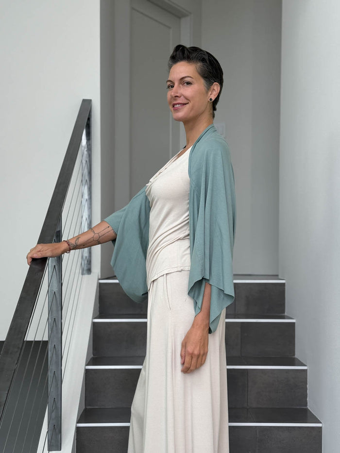 caraucci convertible moss green draped shrug that converts into a cowl neck backless tunic #color_moss