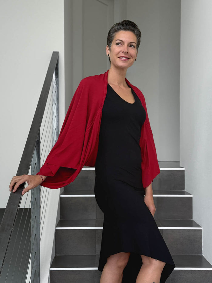 caraucci convertible red draped shrug that converts into a cowl neck backless tunic #color_red