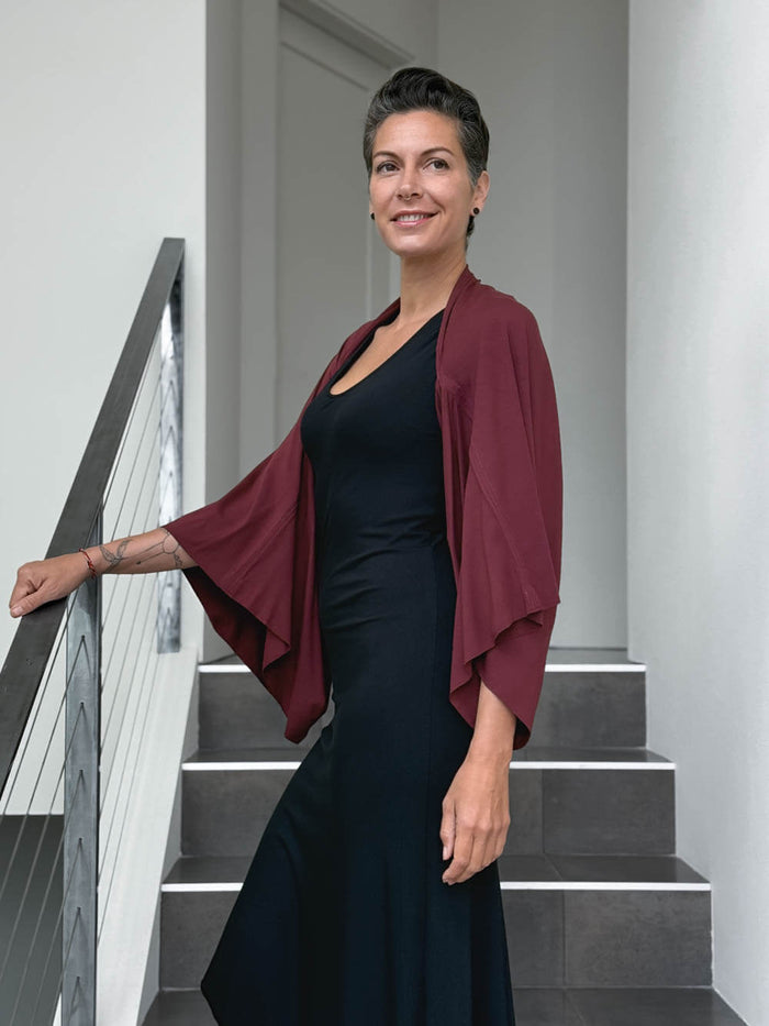 caraucci convertible maroon draped shrug that converts into a cowl neck backless tunic #color_wine