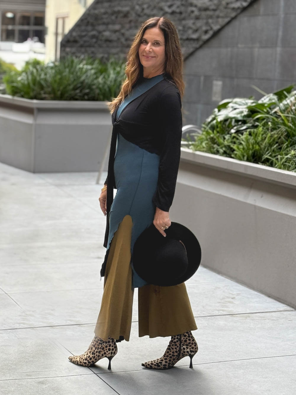 caraucci high neck cap sleeve teal blue double slit tunic #color_teal