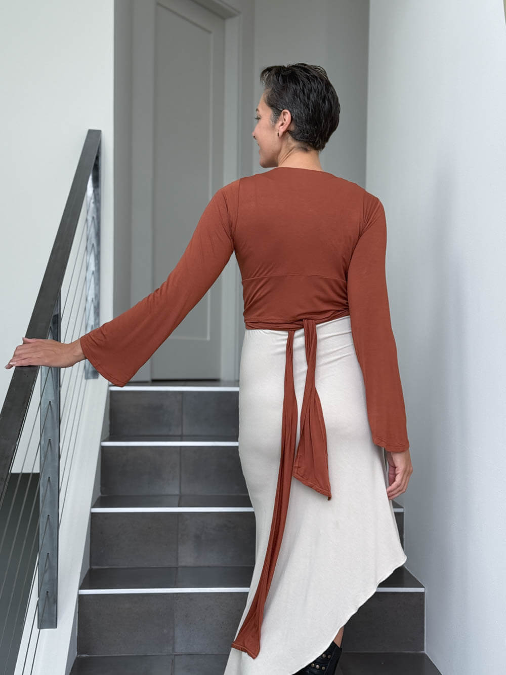 caraucci women's rayon jersey orange long sleeve ballet wrap shrug #color_copper