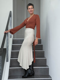 caraucci women's rayon jersey orange long sleeve ballet wrap shrug #color_copper