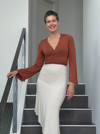 caraucci women's rayon jersey orange long sleeve ballet wrap shrug #color_copper