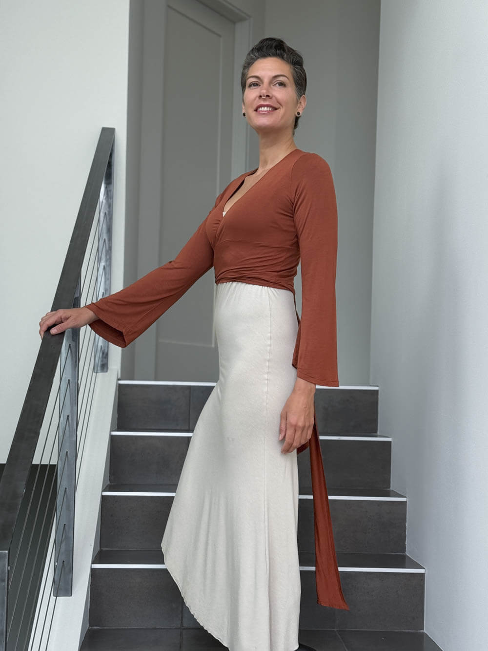 caraucci women's rayon jersey orange long sleeve ballet wrap shrug #color_copper