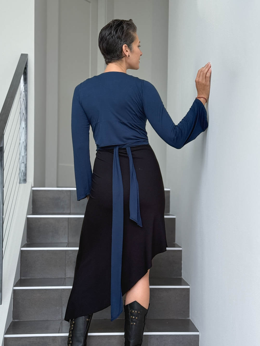 caraucci women's rayon jersey navy blue long sleeve ballet wrap shrug #color_navy