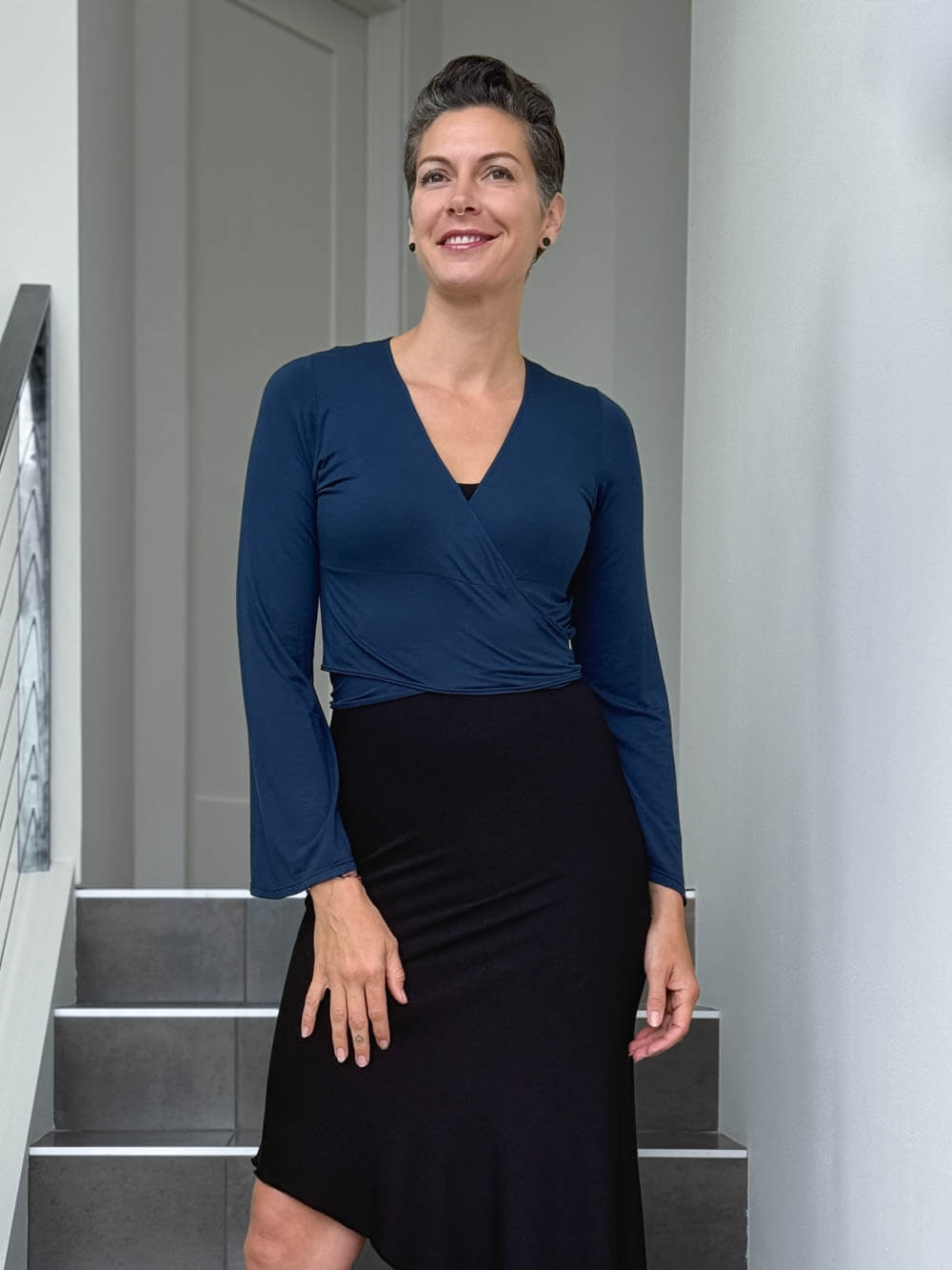 caraucci women's rayon jersey navy blue long sleeve ballet wrap shrug #color_navy