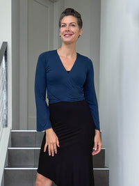 caraucci women's rayon jersey navy blue long sleeve ballet wrap shrug #color_navy