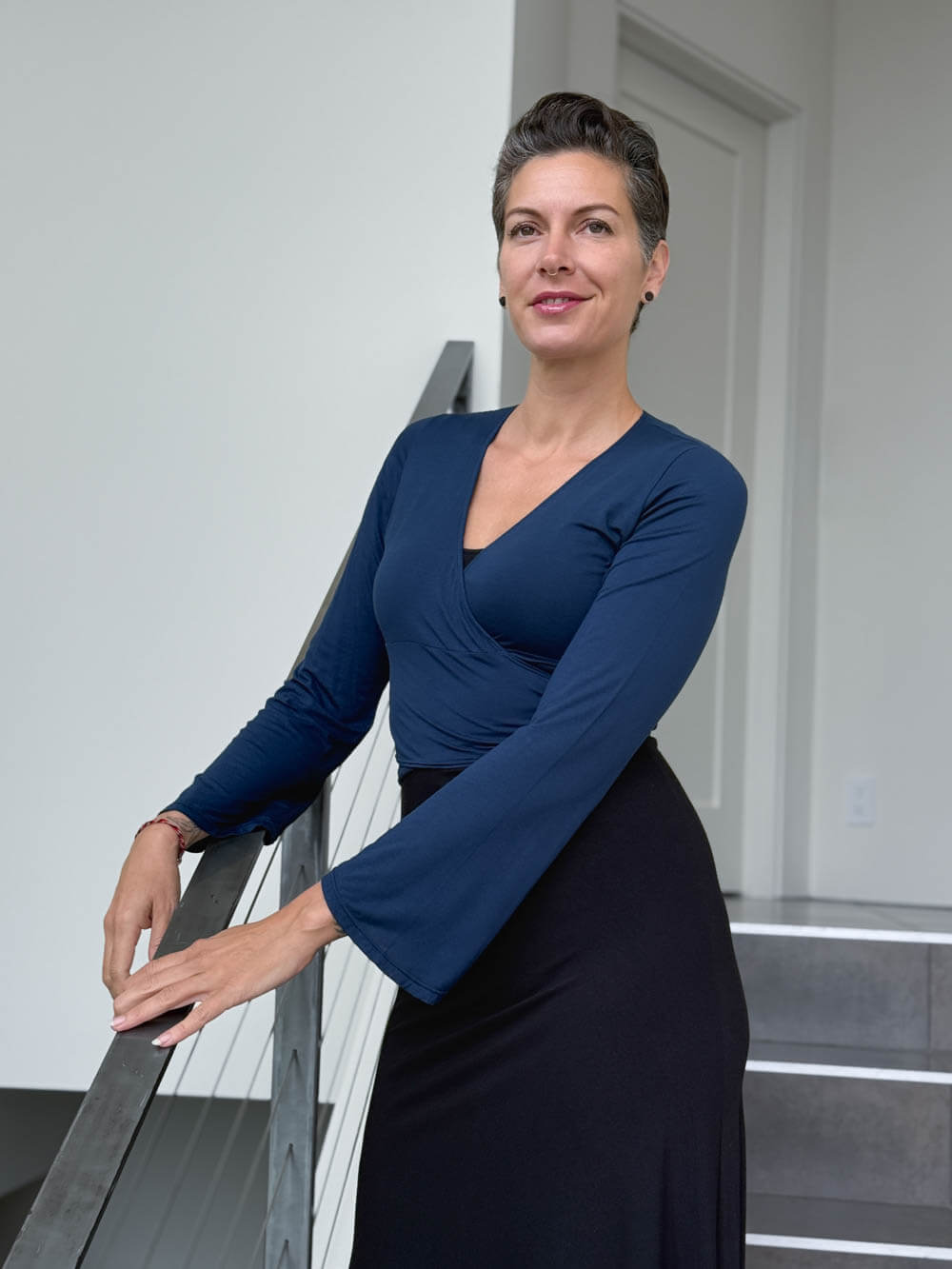 caraucci women's rayon jersey navy blue long sleeve ballet wrap shrug #color_navy