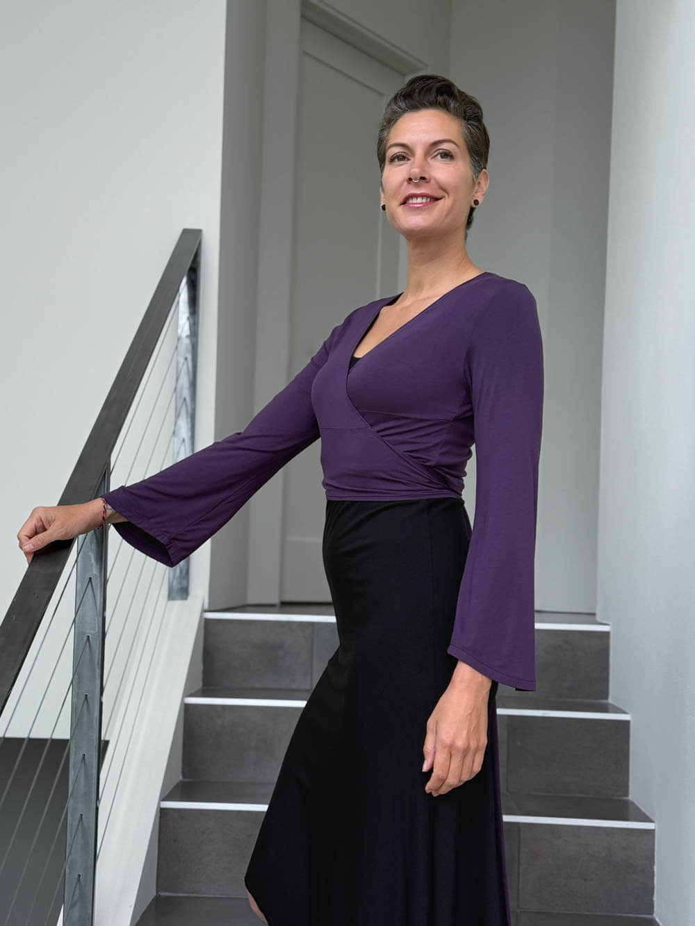 caraucci women's rayon jersey purple long sleeve wrap ballet shrug #color_plum