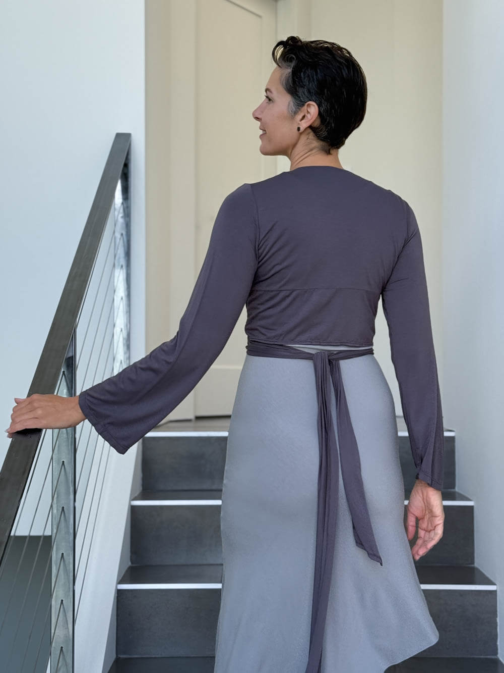 caraucci women's rayon jersey steel gray long sleeve wrap ballet shrug #color_steel