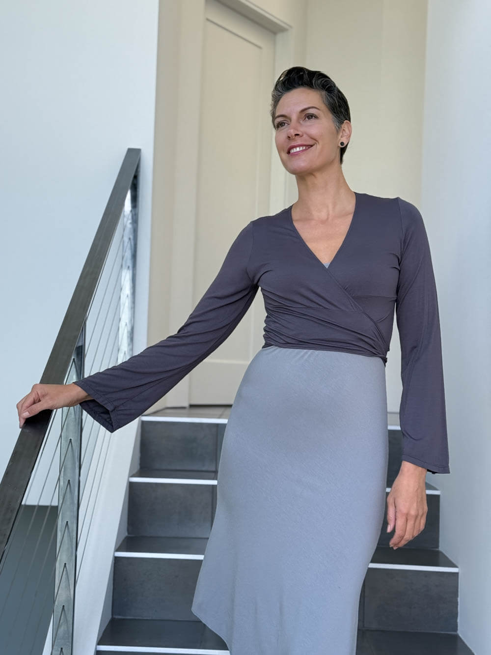 caraucci women's rayon jersey steel gray long sleeve wrap ballet shrug #color_steel