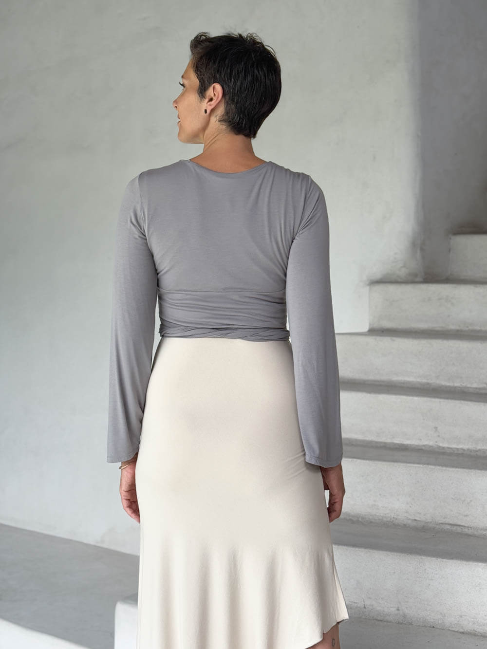 caraucci women's jersey steel light grey wrap shrug and top #color_stone