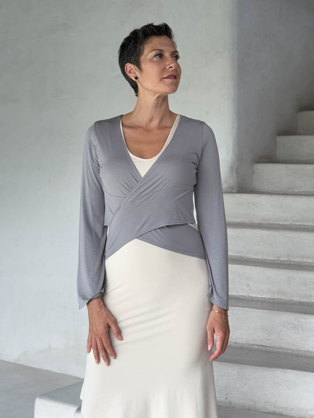caraucci women's jersey steel light grey wrap shrug and top #color_stone