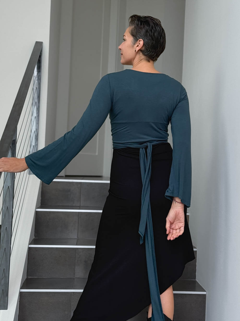 caraucci women's rayon jersey teal blue long sleeve ballet wrap shrug #color_teal