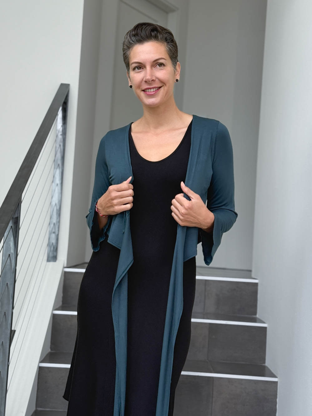 caraucci women's rayon jersey teal blue long sleeve ballet wrap shrug #color_teal