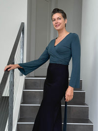 caraucci women's rayon jersey teal blue long sleeve ballet wrap shrug #color_teal