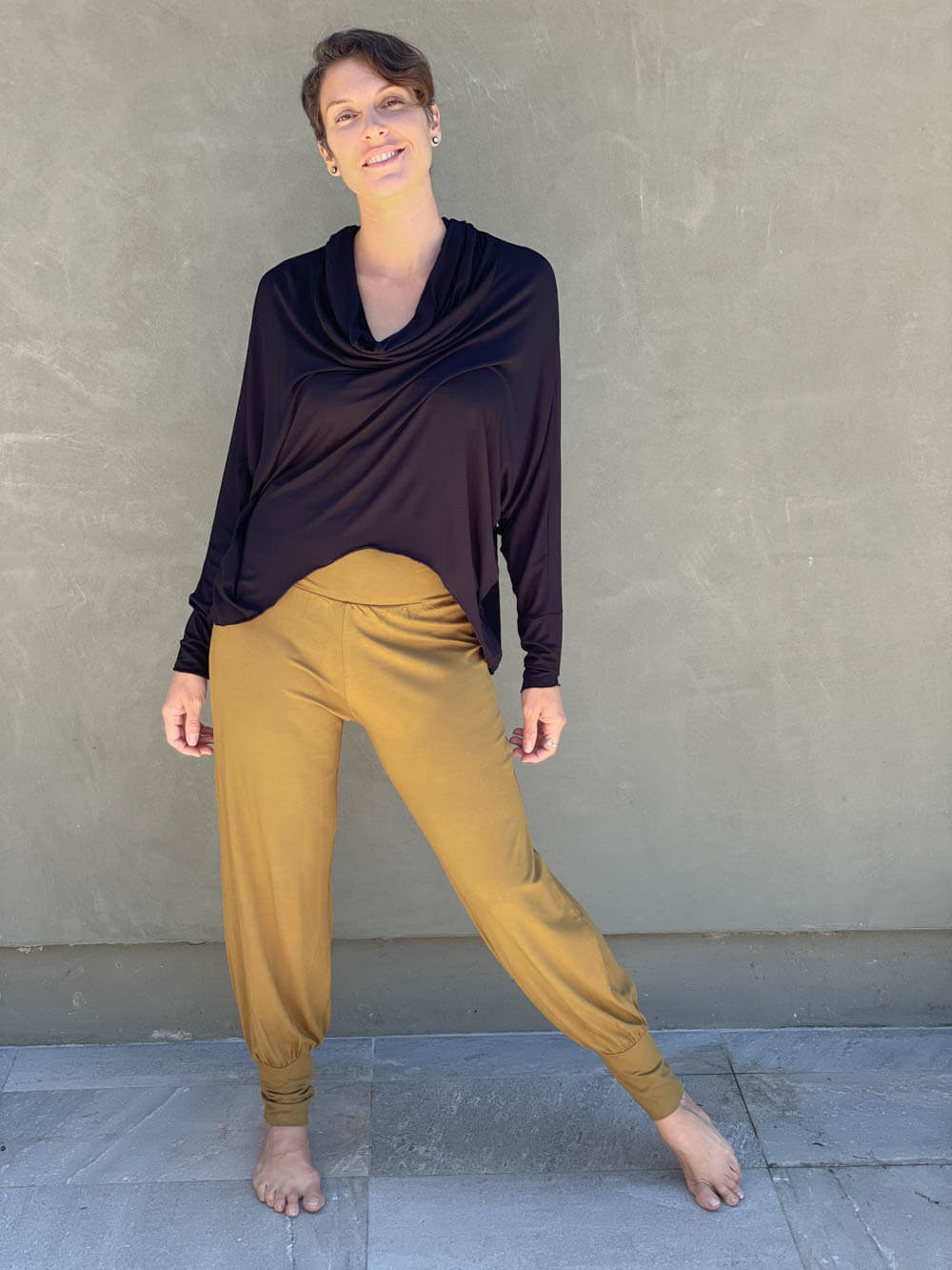 caraucci women's natural jersey comfortable loose fit gold slim jogger pants with fold over waistband  #color_brass