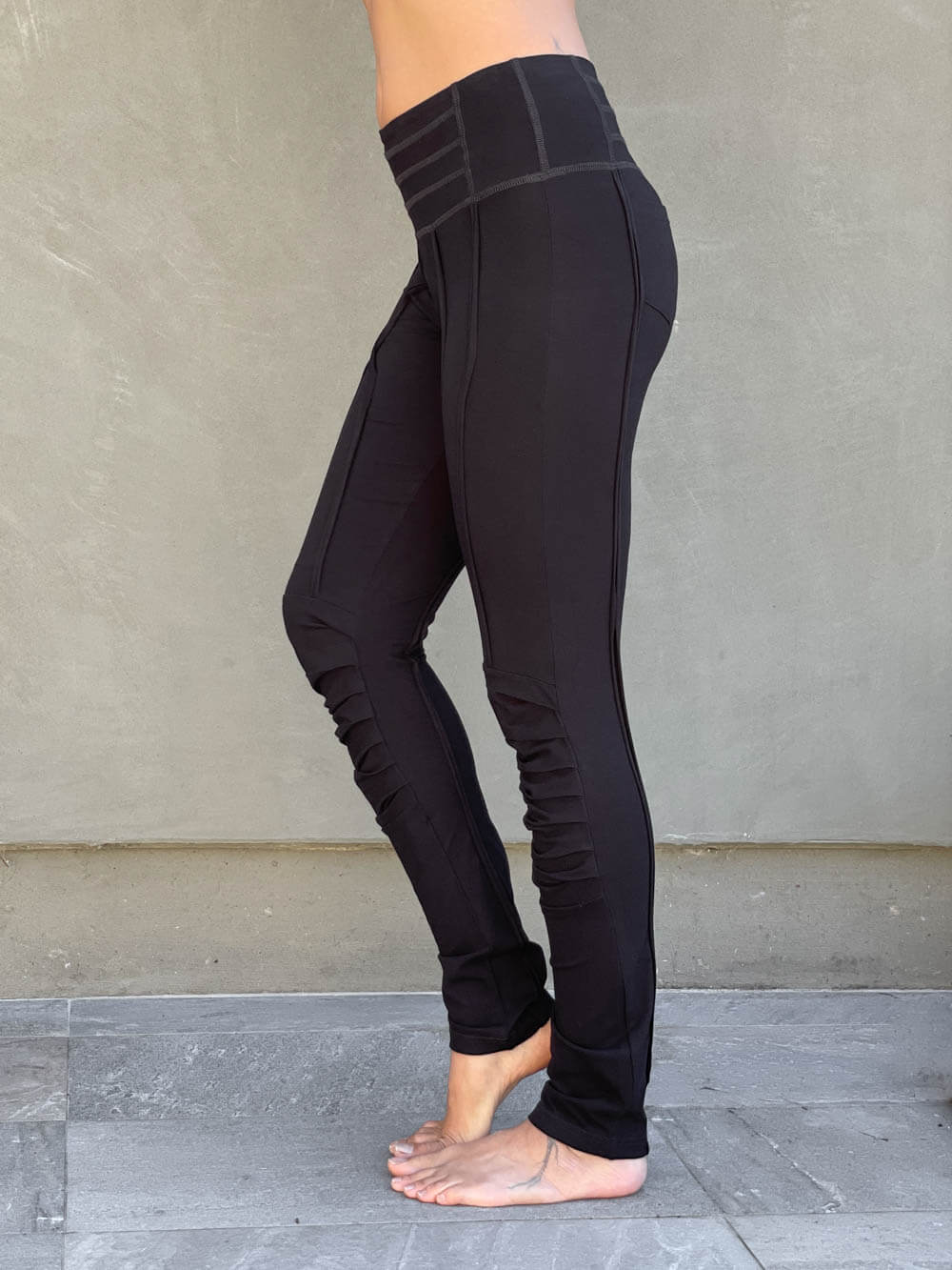 caraucci women's bamboo spandex pants with raised stitch details and 2 zipper pockets #color_black