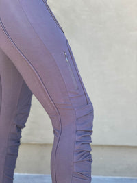women's steel grey bamboo spandex pants with raised stitch details and 2 zipper pockets #color_steel