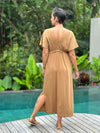 caraucci cotton v-neck loose fit short sleeve gold dress with drawstring waist #color_camel