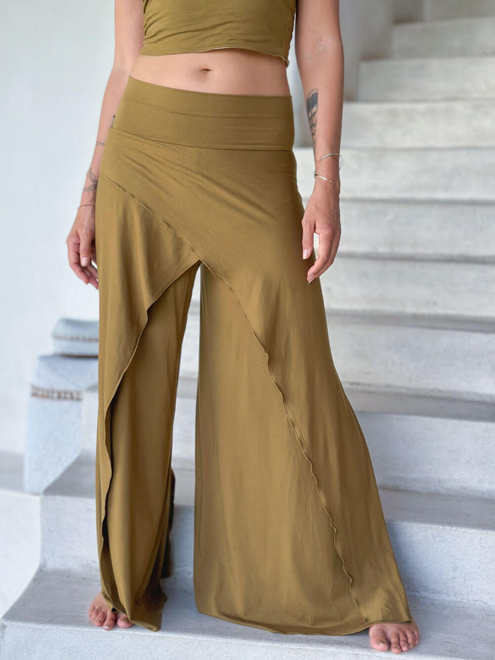 caraucci high waisted green gold wide leg high side slit pants #color_brass