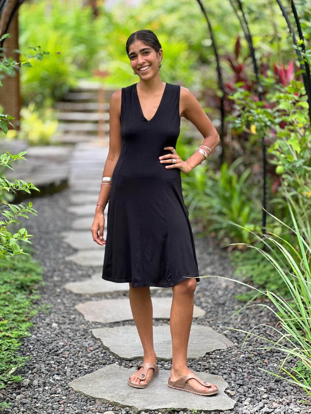 caraucci women's stretch jersey black v-neck midi dress with raised detailed stitching #color_black