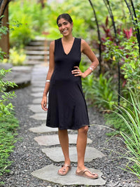 caraucci women's stretch jersey black v-neck midi dress with raised detailed stitching #color_black