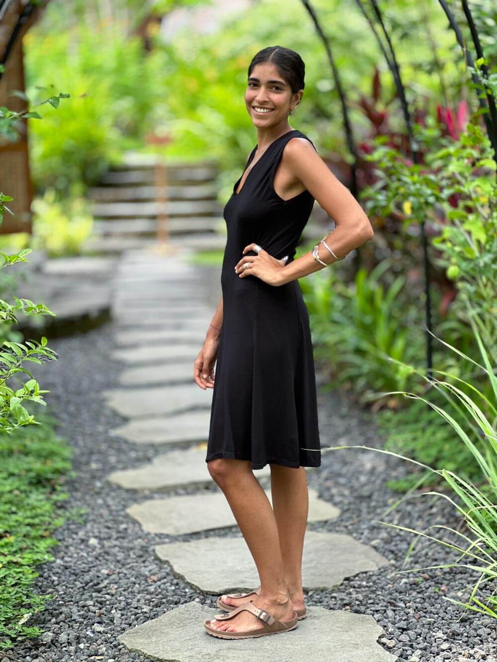 caraucci women's stretch jersey black v-neck midi dress with raised detailed stitching #color_black