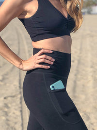 caraucci women's bamboo spandex full length black pocket leggings with a fold over waistband #color_black