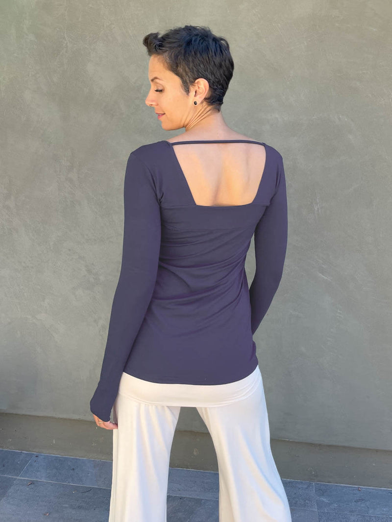caraucci steel grey long sleeve square neck top #color_steel
