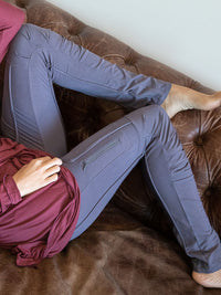 women's steel grey bamboo spandex pants with raised stitch details and 2 zipper pockets #color_steel