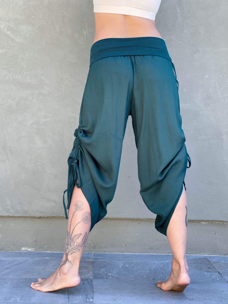women's natural rayon lightweight loose fit adjustable teal blue side ruched pants with stretchy wide waistband #color_teal