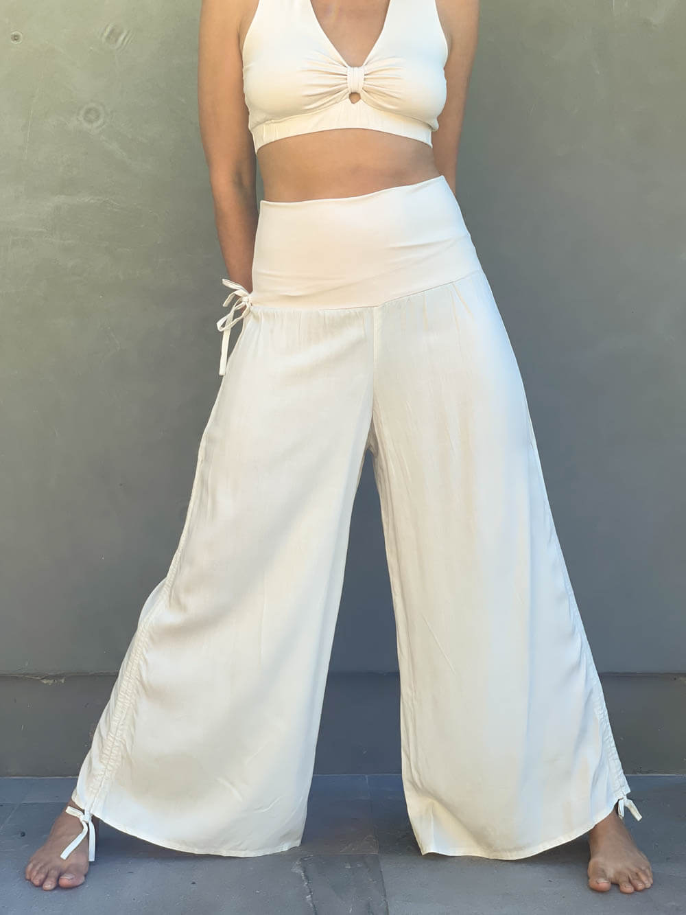 women's natural rayon lightweight loose fit adjustable cream side ruched pants with stretchy wide waistband #color_cream