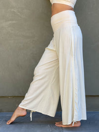 women's natural rayon lightweight loose fit adjustable cream side ruched pants with stretchy wide waistband #color_cream