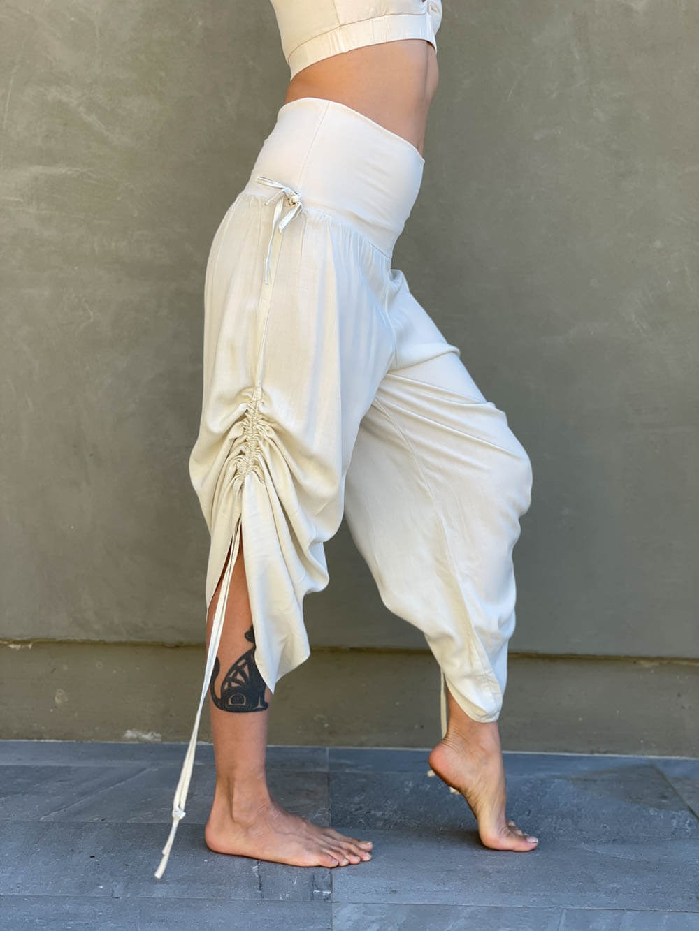 women's natural rayon lightweight loose fit adjustable cream side ruched pants with stretchy wide waistband #color_cream