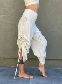 women's natural rayon lightweight loose fit adjustable cream side ruched pants with stretchy wide waistband #color_cream