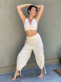 women's natural rayon lightweight loose fit adjustable cream side ruched pants with stretchy wide waistband #color_cream