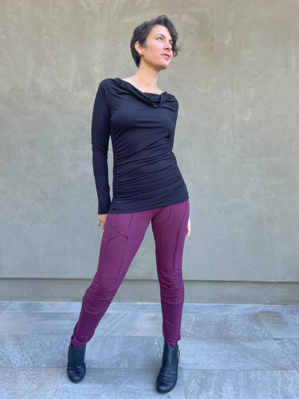 women's plant based rayon jersey long sleeve black top with slight cowl neck and side ruching #color_black