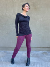 women's plant based rayon jersey long sleeve black top with slight cowl neck and side ruching #color_black