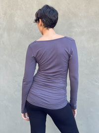 women's plant based rayon jersey long sleeve steel grey top with slight cowl neck and side ruching #color_steel