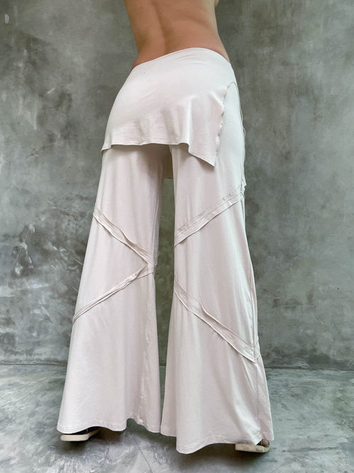 women's natural rayon jersey skirt-over cream wide leg pants with raised diagonal stitching #color_cream