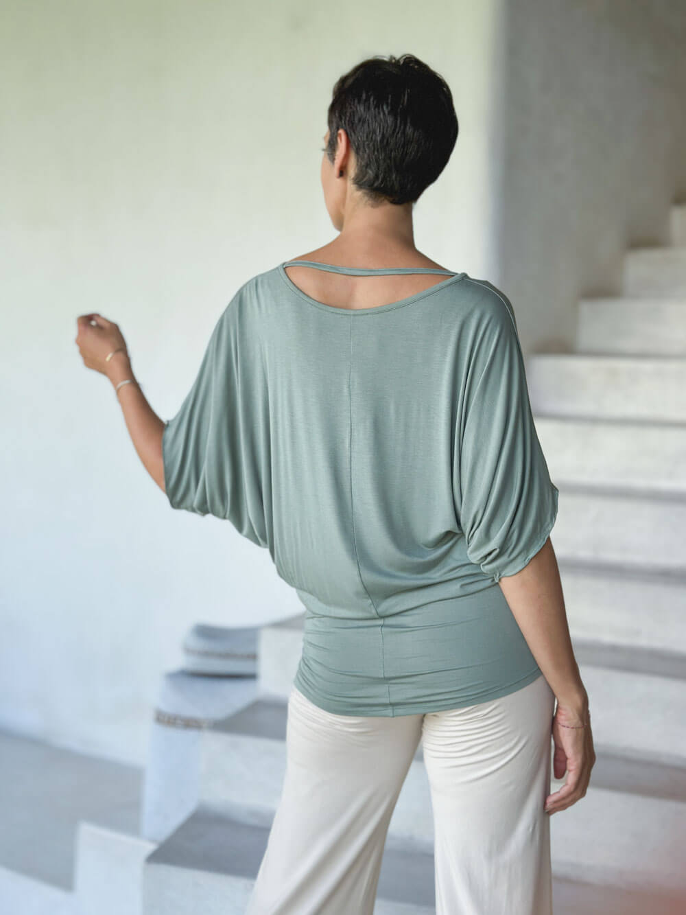 caraucci women's lightweight short sleeve sage green loose fit top #color_moss
