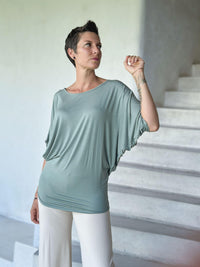 caraucci women's lightweight short sleeve sage green loose fit top #color_moss