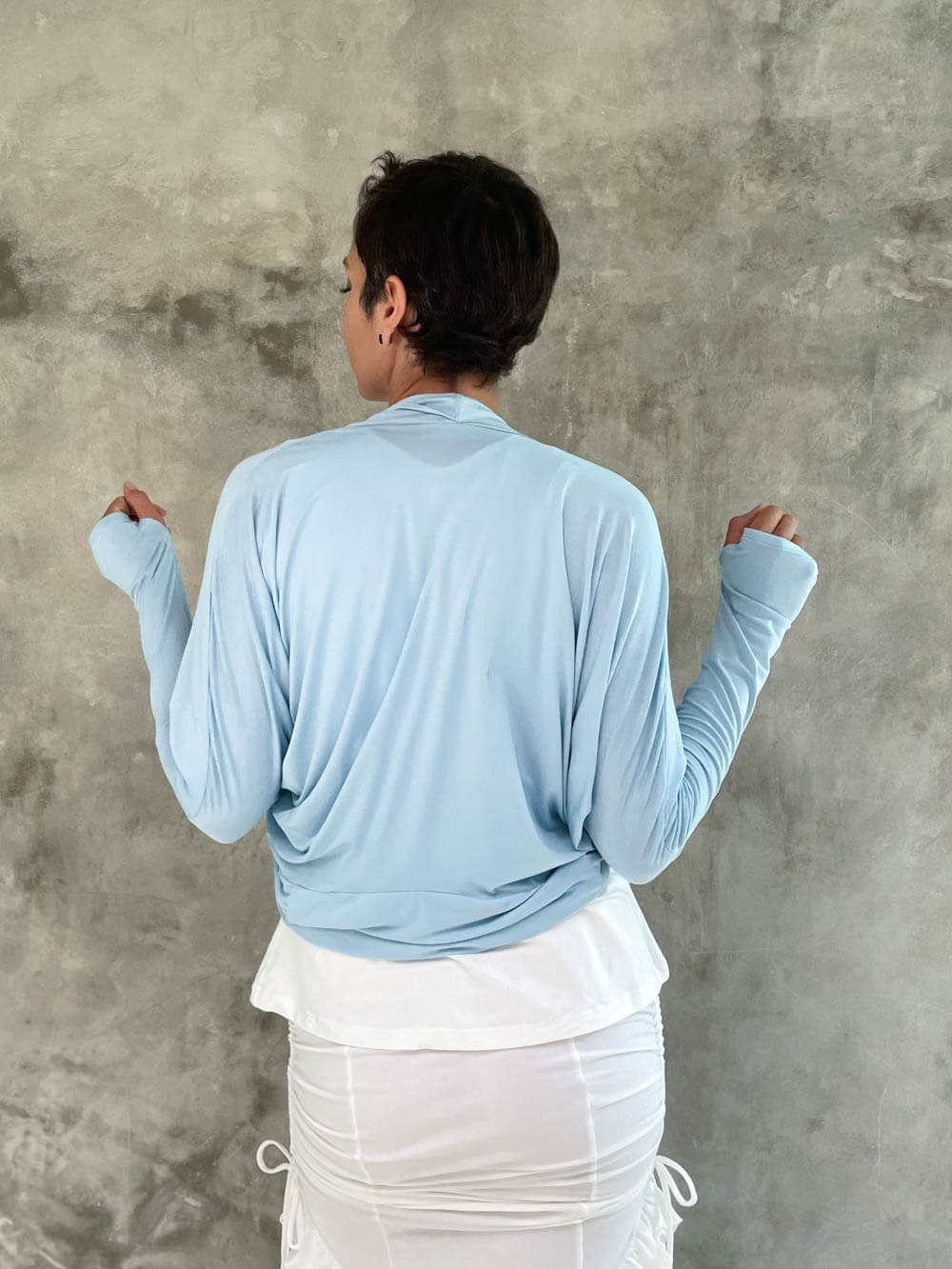 caraucci women's lightweight plant based rayon jersey sky blue loose fit dolman sleeved shrug #color_canal-blue