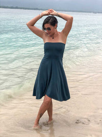 women's plant based rayon jersey stretchy teal blue midi skirt worn as a dress #color_teal