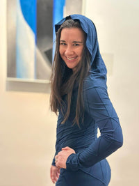 women's plant-based textured jersey long sleeve versatile cowl neck navy blue tunic  #color_navy