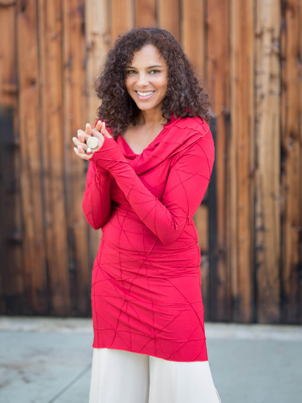 women's plant-based textured jersey long sleeve versatile cowl neck red tunic with thumbholes #color_red
