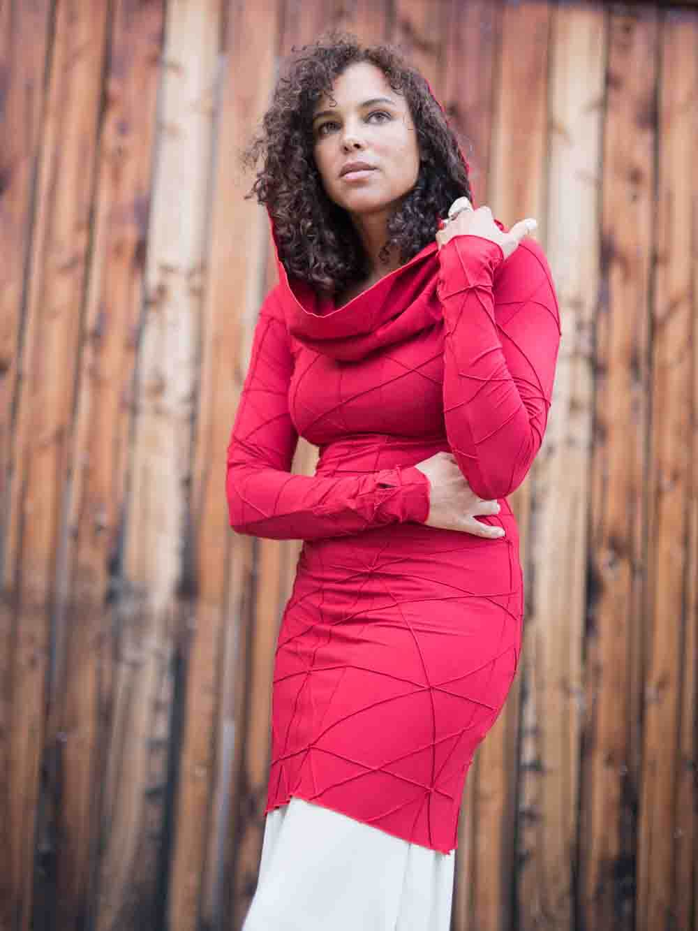 women's plant-based textured jersey long sleeve versatile cowl neck red tunic with thumbholes #color_red
