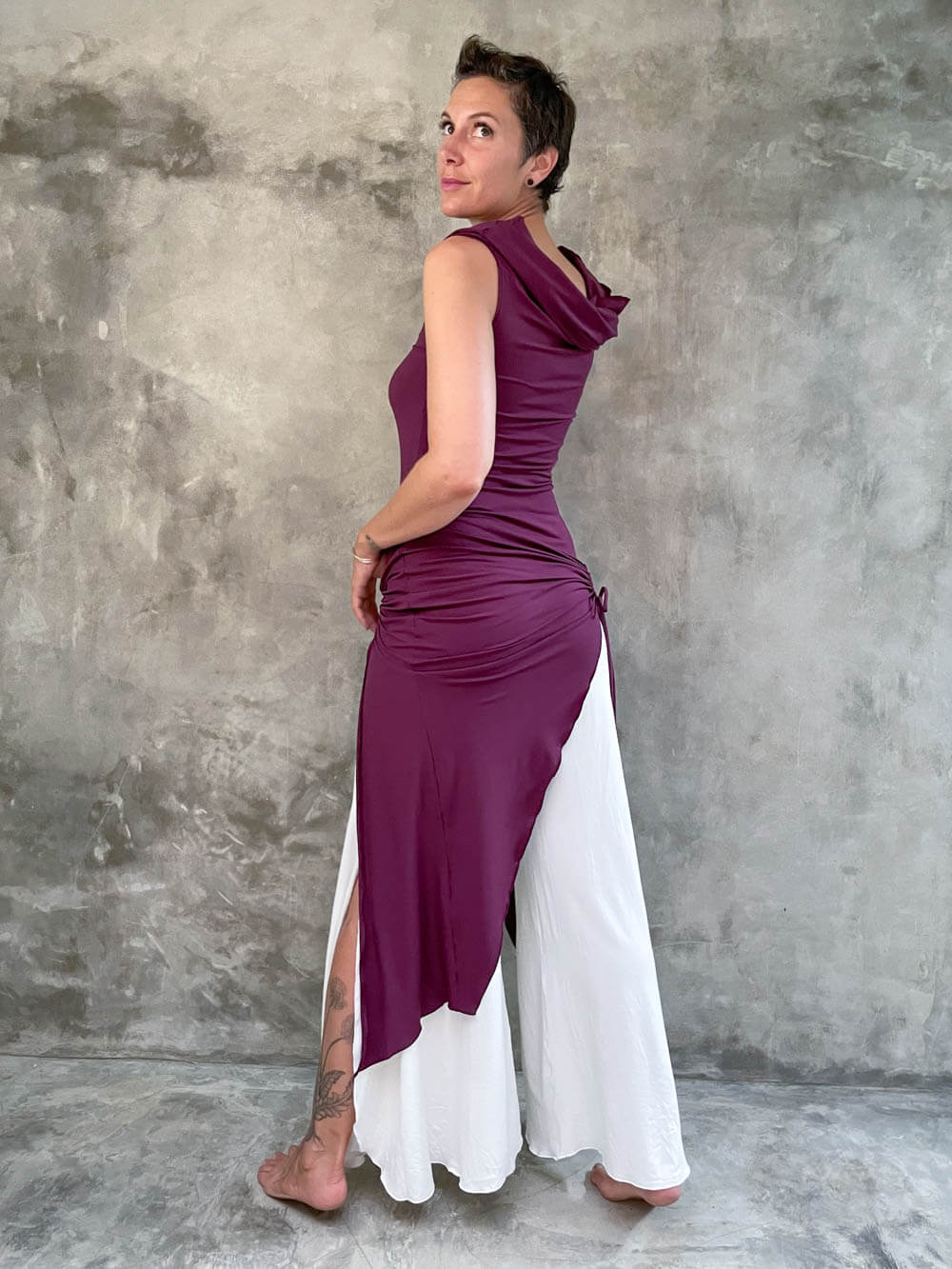 caraucci women's purple full length tunic with adjustable side ruching and a loose cowl neck that can be worn as a hood or over the shoulders #color_jam